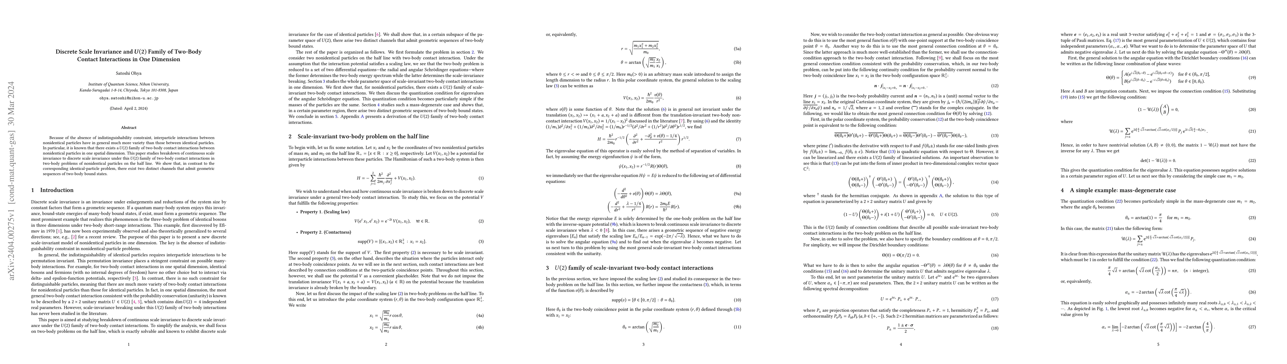 Thumbnail for Discrete Scale Invariance and $U(2)$ Family of Two-Body Contact
  Interactions in One Dimension