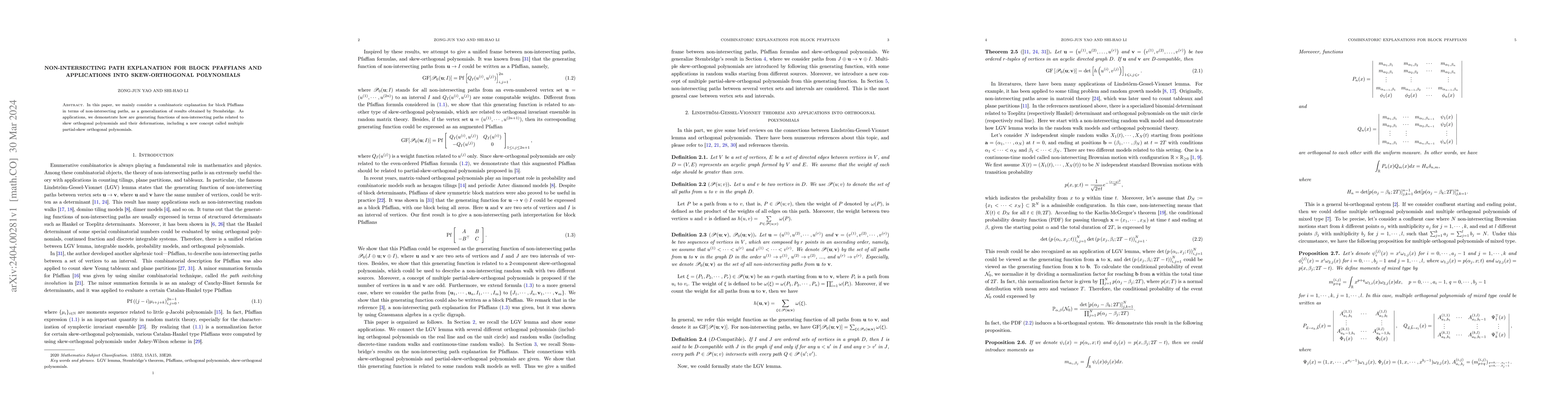 Thumbnail for Non-intersecting path explanation for block Pfaffians and applications
  into skew-orthogonal polynomials