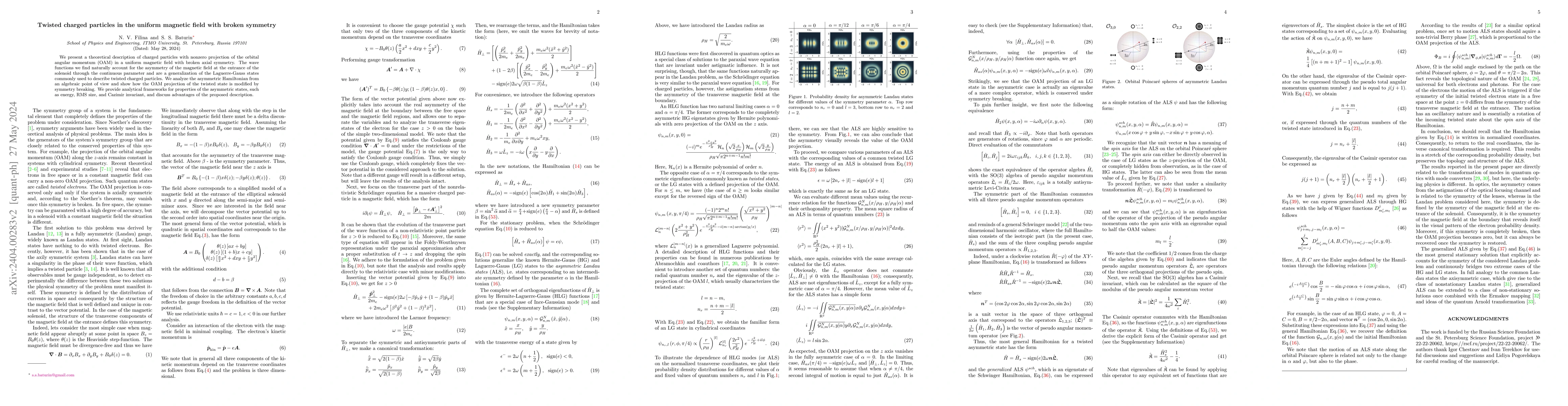 Thumbnail for Twisted charged particles in the uniform magnetic field with broken
  symmetry