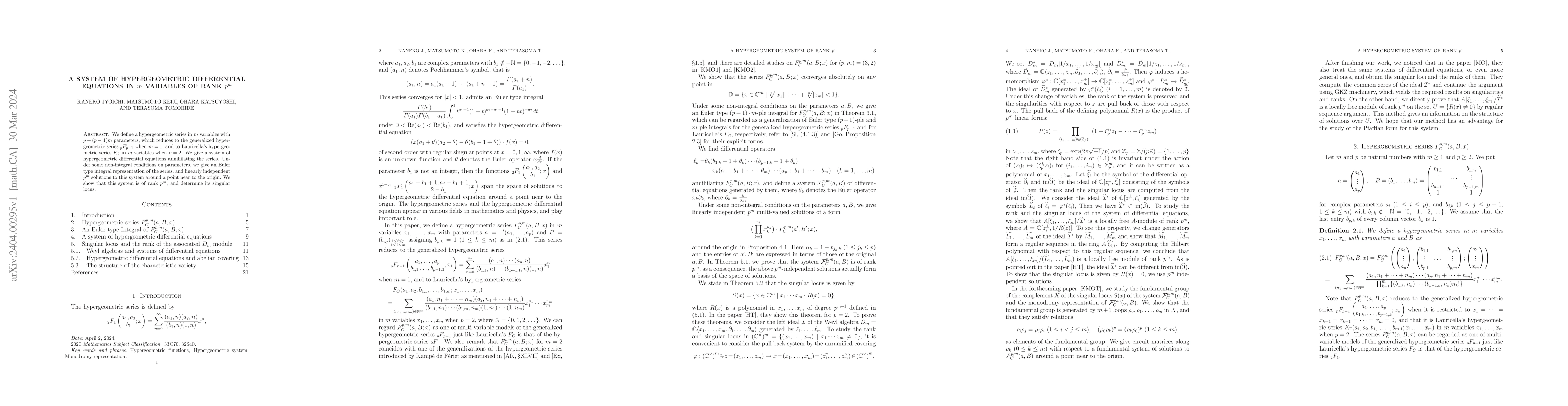 Thumbnail for A system of hypergeometric differential equations in $m$ variables of
  rank $p^m$