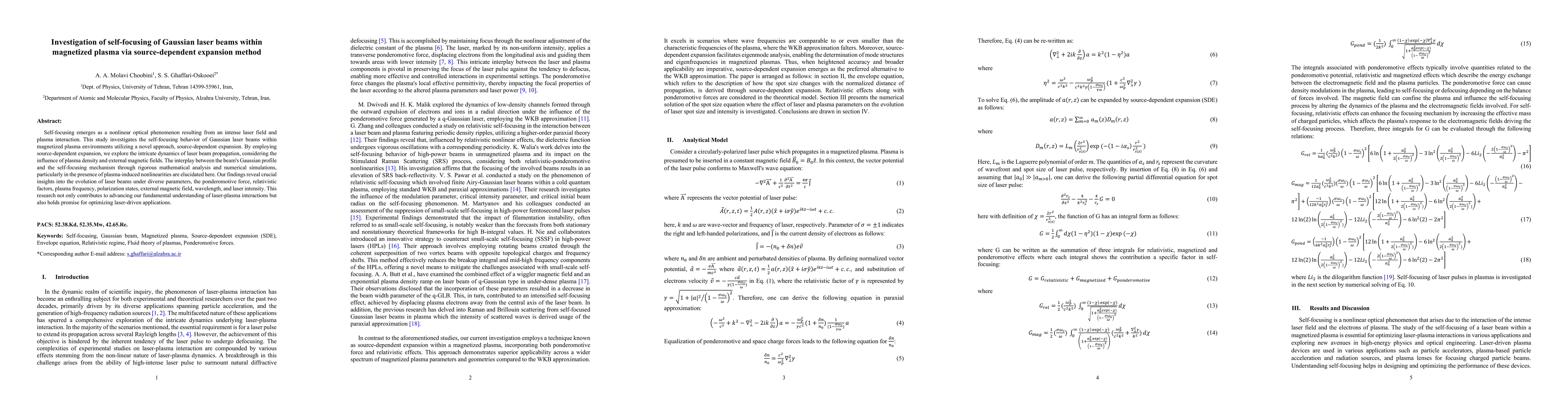 Thumbnail for Investigation of self-focusing of Gaussian laser beams within magnetized
  plasma via source-dependent expansion method