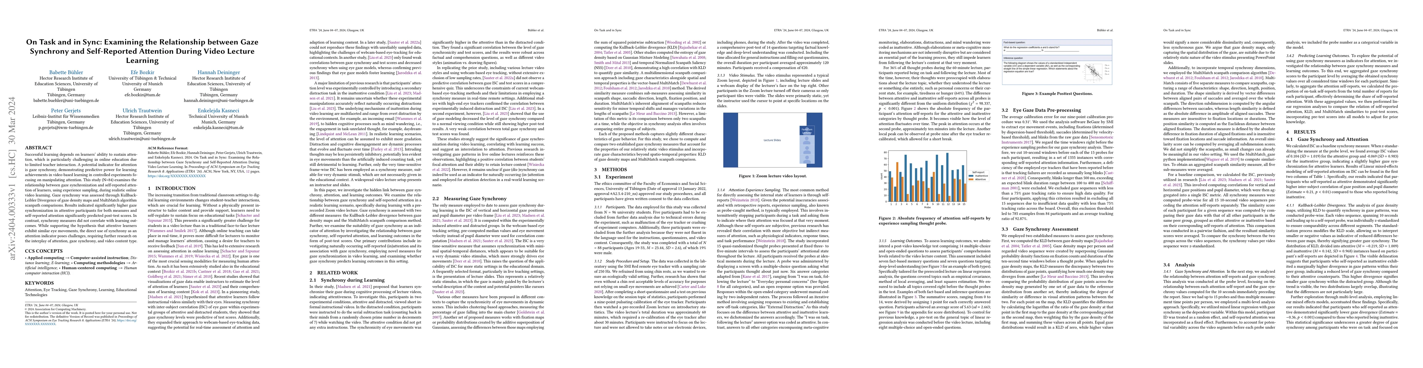 Thumbnail for On Task and in Sync: Examining the Relationship between Gaze Synchrony
  and Self-Reported Attention During Video Lecture Learning