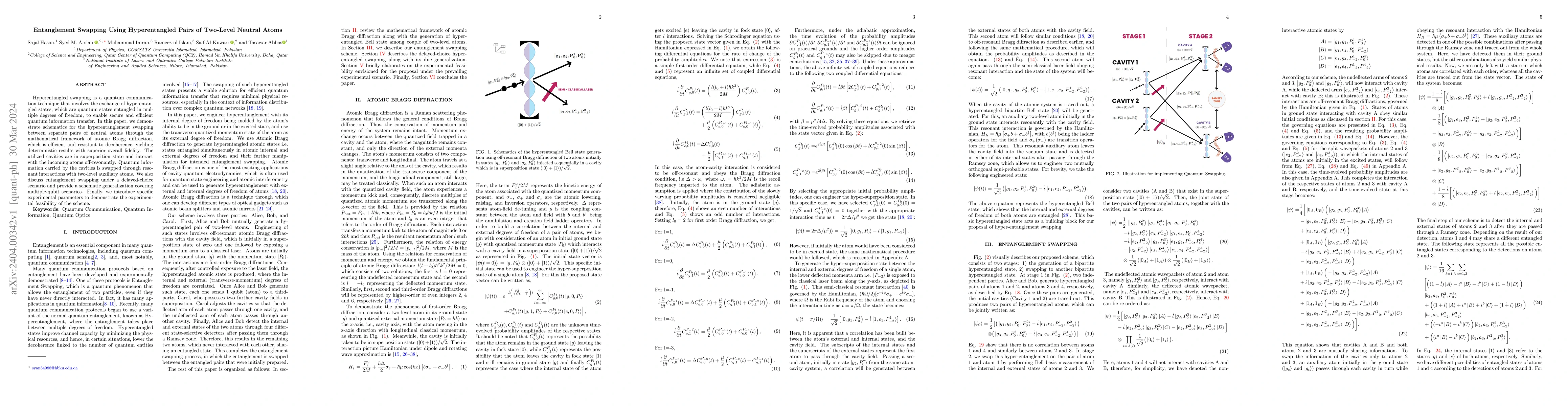 Thumbnail for Entanglement Swapping Using Hyperentangled Pairs of Two-Level Neutral
  Atoms