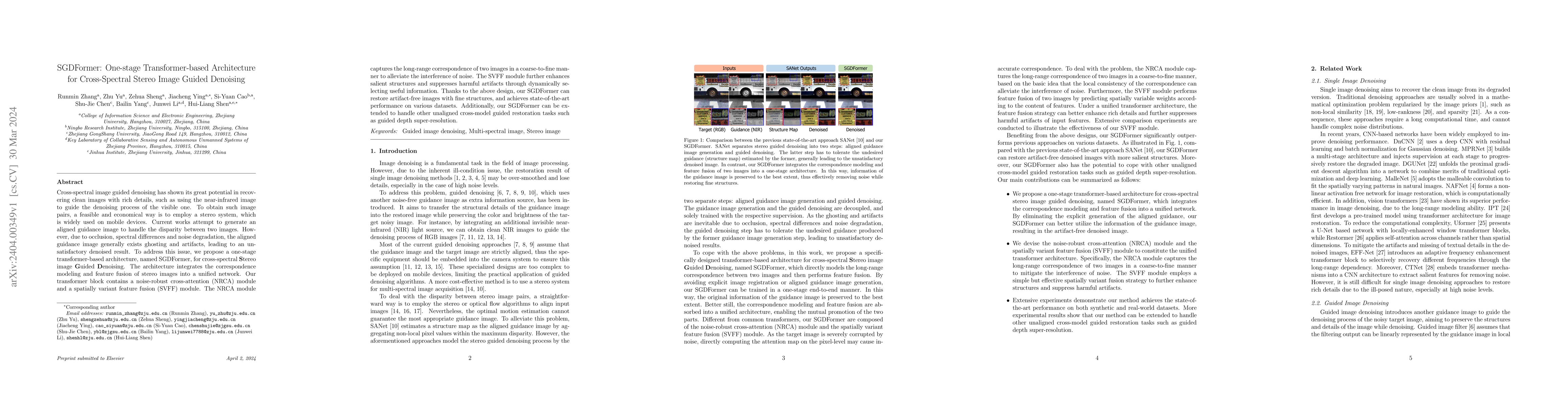 Thumbnail for SGDFormer: One-stage Transformer-based Architecture for Cross-Spectral
  Stereo Image Guided Denoising
