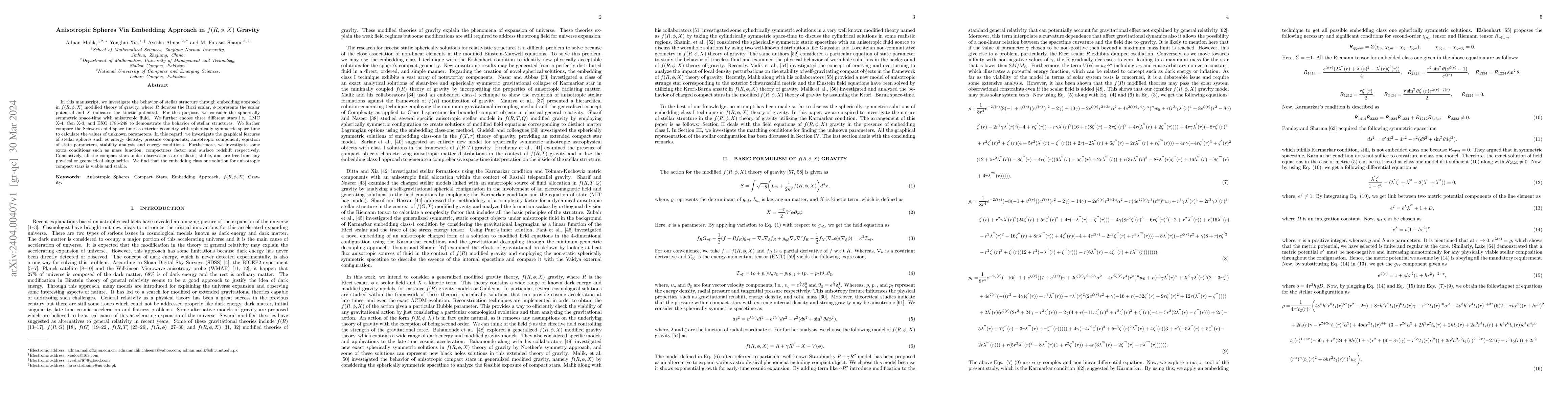 Thumbnail for Anisotropic Spheres Via Embedding Approach in $f(R,\phi, X)$ Gravity