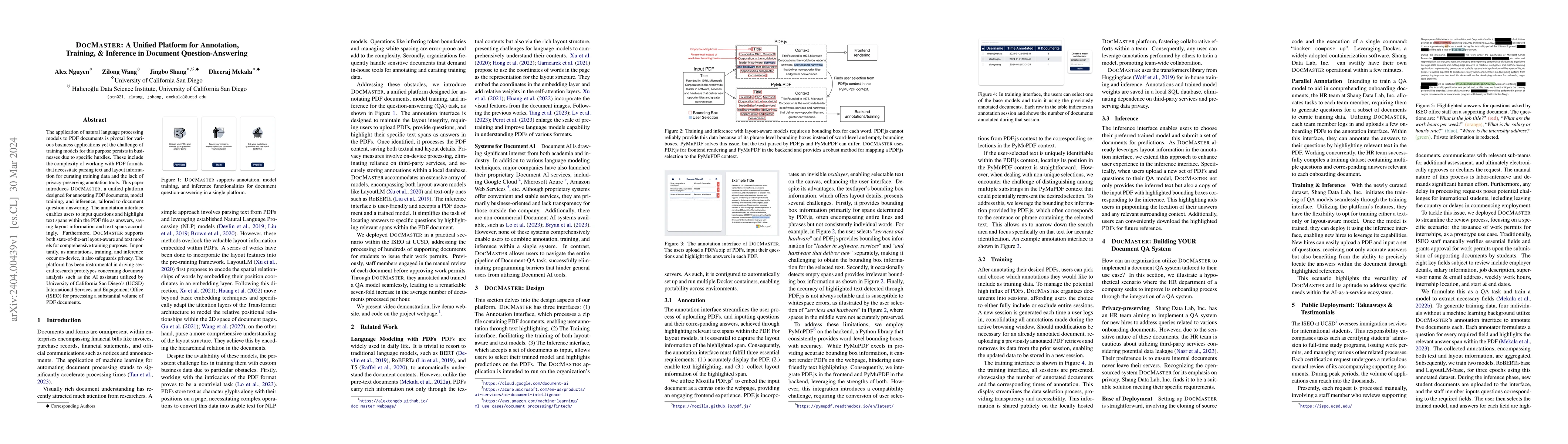 Thumbnail for DOCMASTER: A Unified Platform for Annotation, Training, & Inference in
  Document Question-Answering