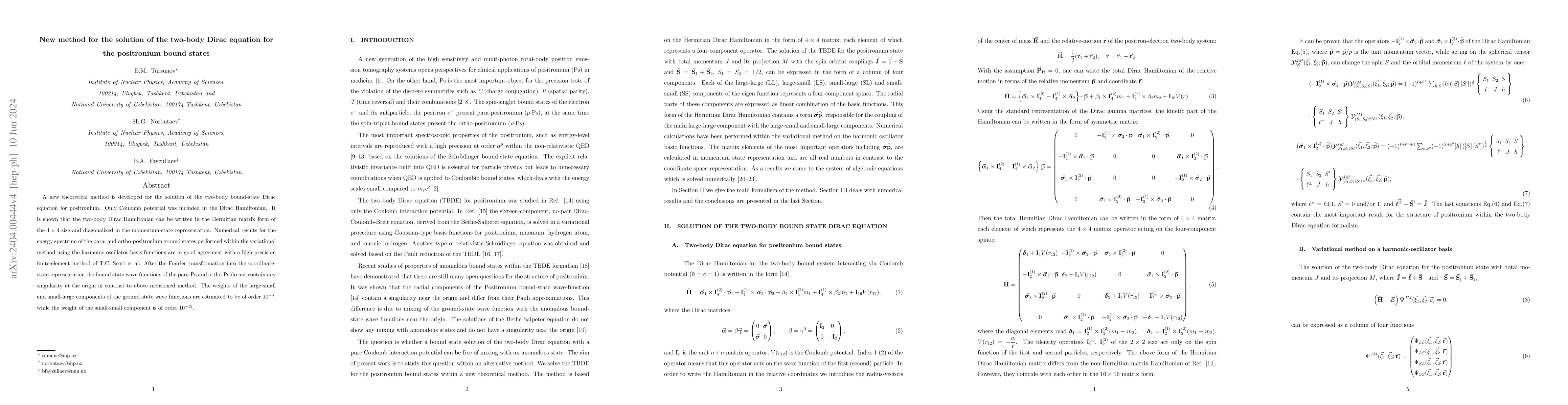 Thumbnail for New method for the solution of the two-body Dirac equation for the
  positronium bound states