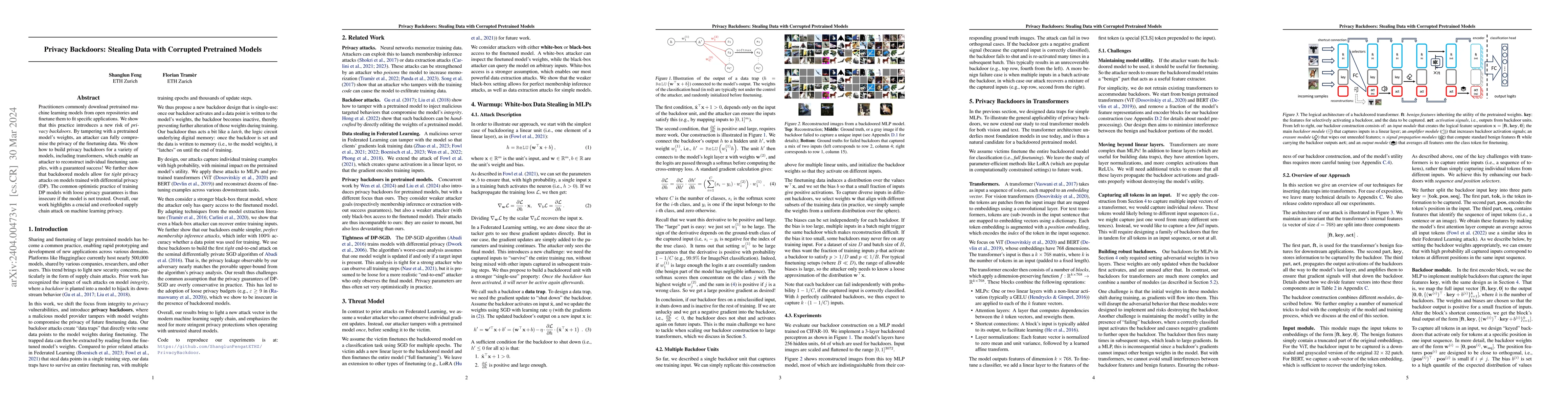 Thumbnail for Privacy Backdoors: Stealing Data with Corrupted Pretrained Models