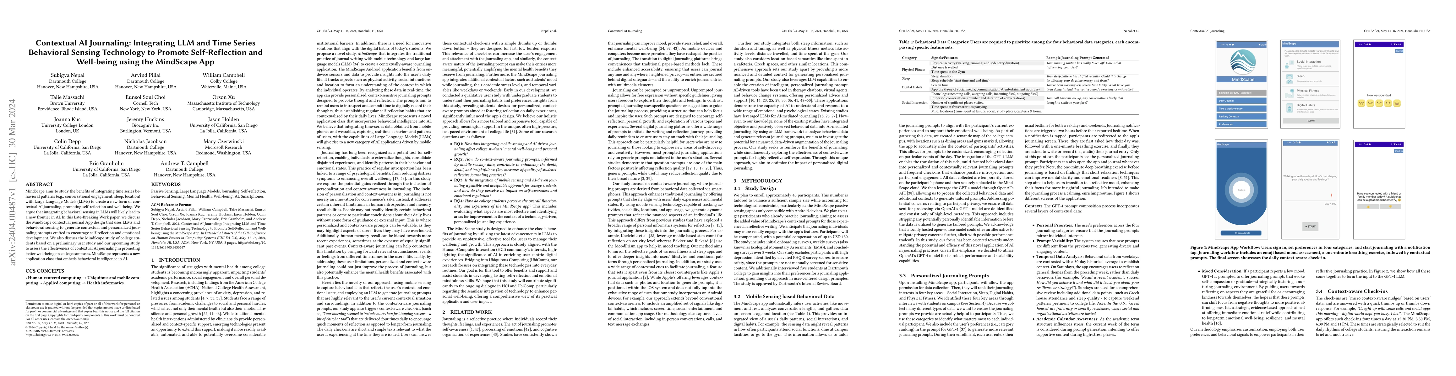 Thumbnail for Contextual AI Journaling: Integrating LLM and Time Series Behavioral
  Sensing Technology to Promote Self-Reflection and Well-being using the
  MindScape App