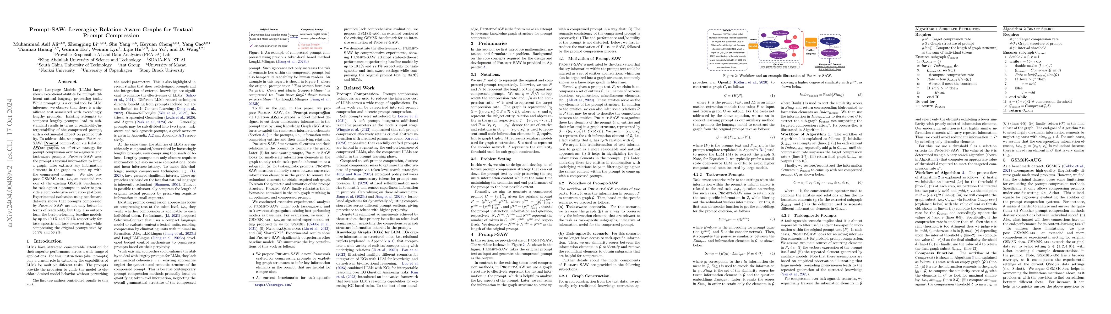 Thumbnail for PROMPT-SAW: Leveraging Relation-Aware Graphs for Textual Prompt
  Compression