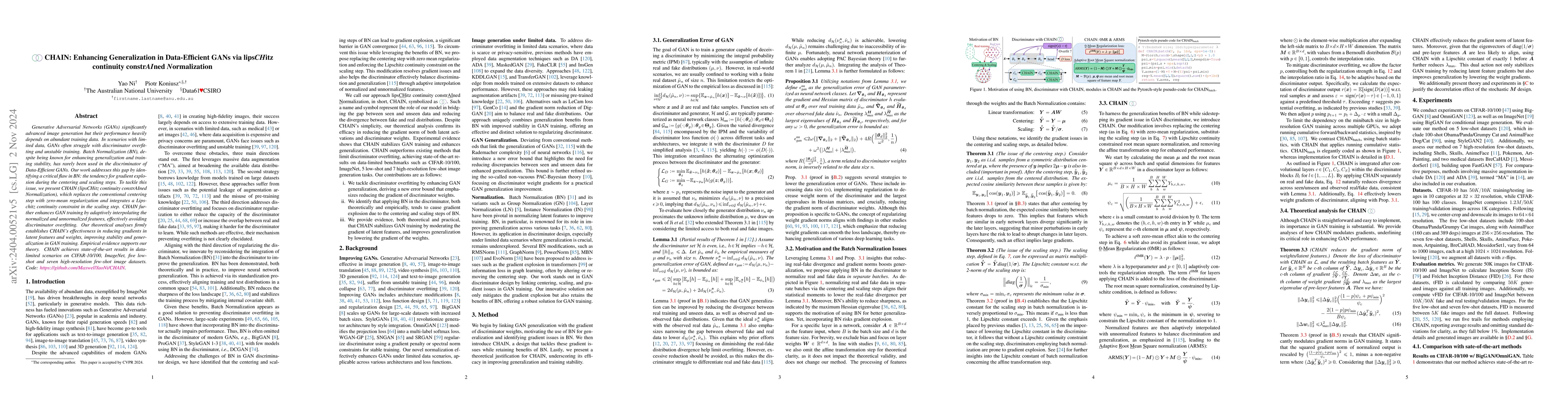 Thumbnail for CHAIN: Enhancing Generalization in Data-Efficient GANs via lipsCHitz
  continuity constrAIned Normalization