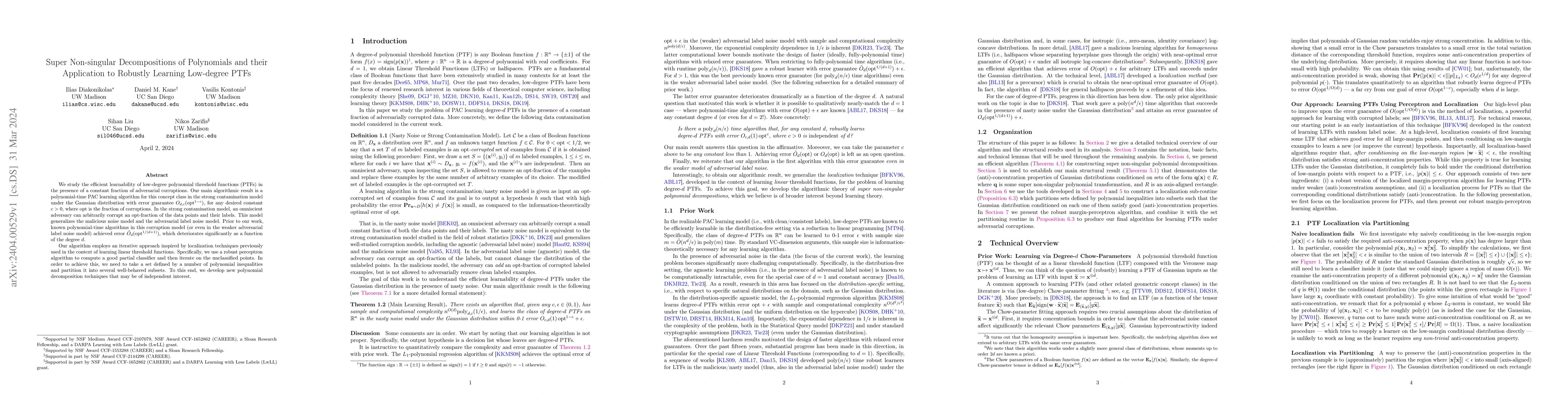 Thumbnail for Super Non-singular Decompositions of Polynomials and their Application
  to Robustly Learning Low-degree PTFs