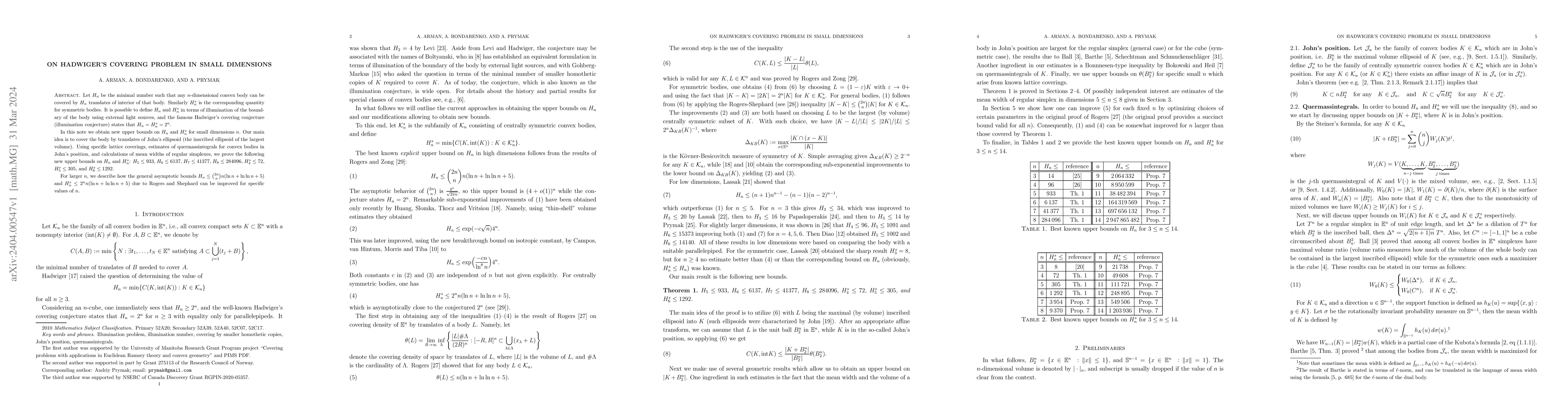 Thumbnail for On Hadwiger's covering problem in small dimensions