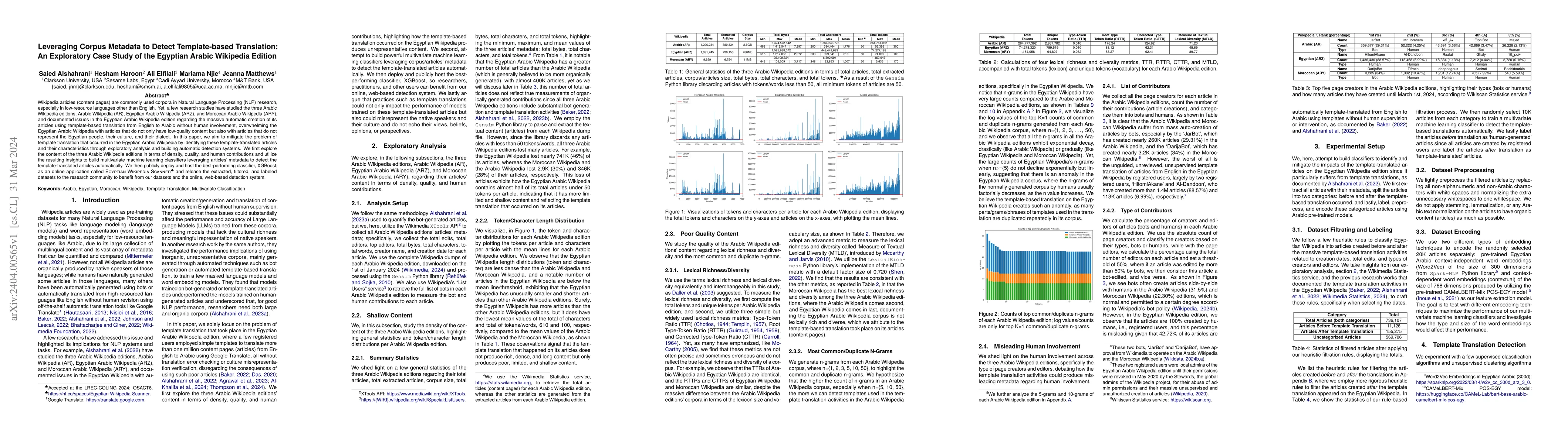 Thumbnail for Leveraging Corpus Metadata to Detect Template-based Translation: An
  Exploratory Case Study of the Egyptian Arabic Wikipedia Edition