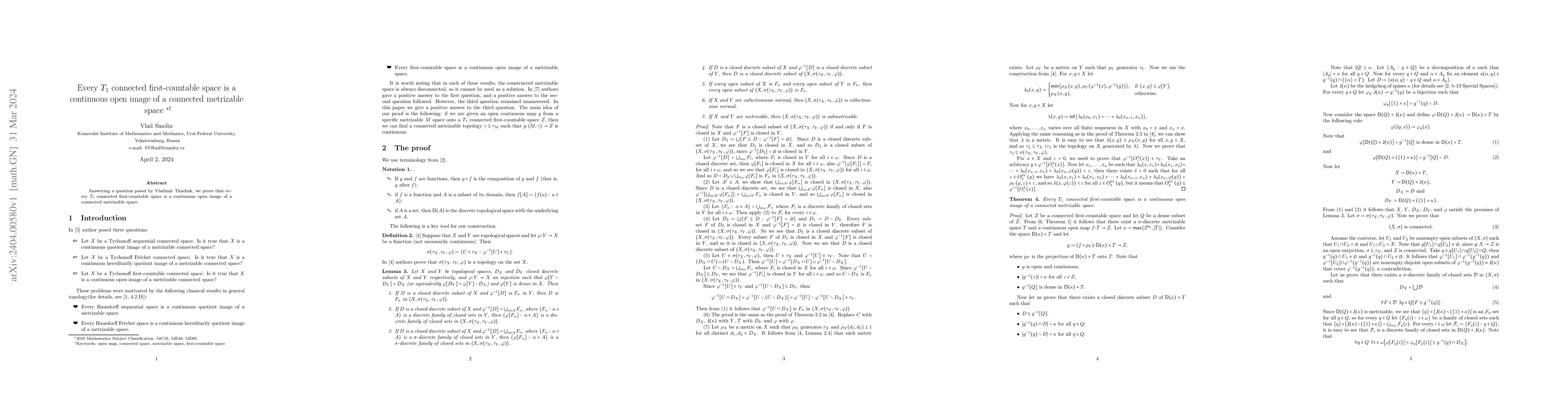 Thumbnail for Every $T_1$ connected first-countable space is a continuous open image
  of a connected metrizable space