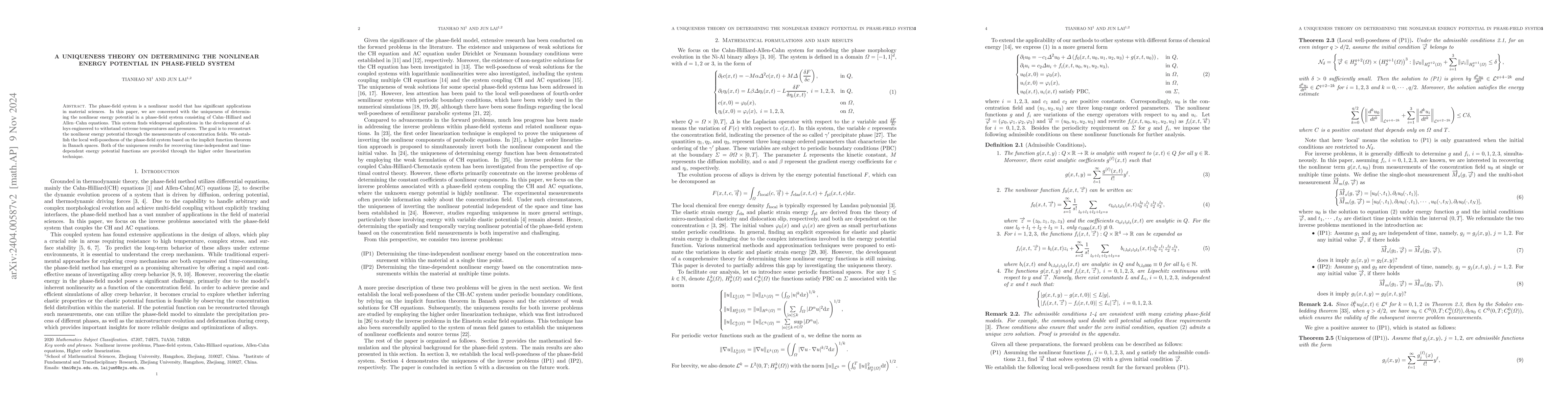 Thumbnail for A uniqueness theory on determining the nonlinear energy potential in
  phase-field system