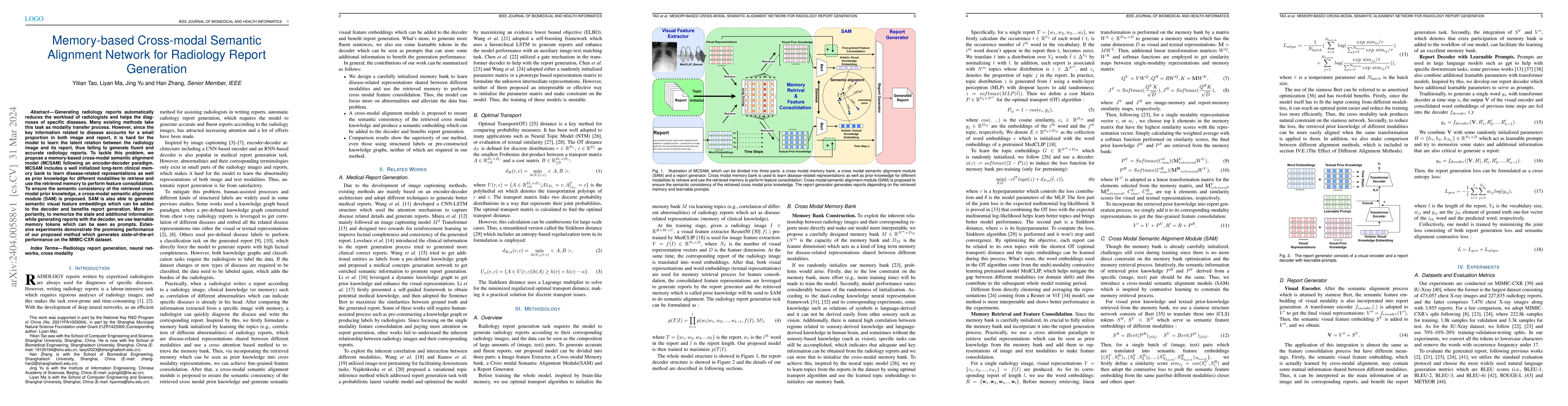 Thumbnail for Memory-based Cross-modal Semantic Alignment Network for Radiology Report
  Generation