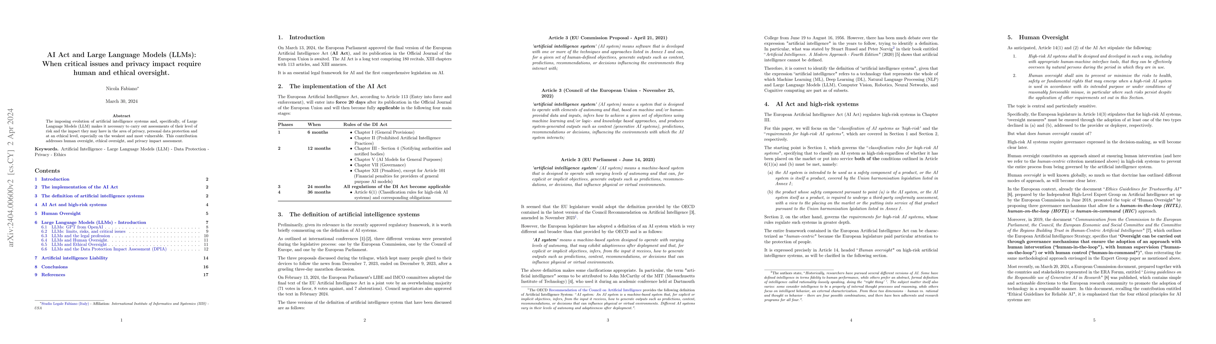 Thumbnail for AI Act and Large Language Models (LLMs): When critical issues and
  privacy impact require human and ethical oversight