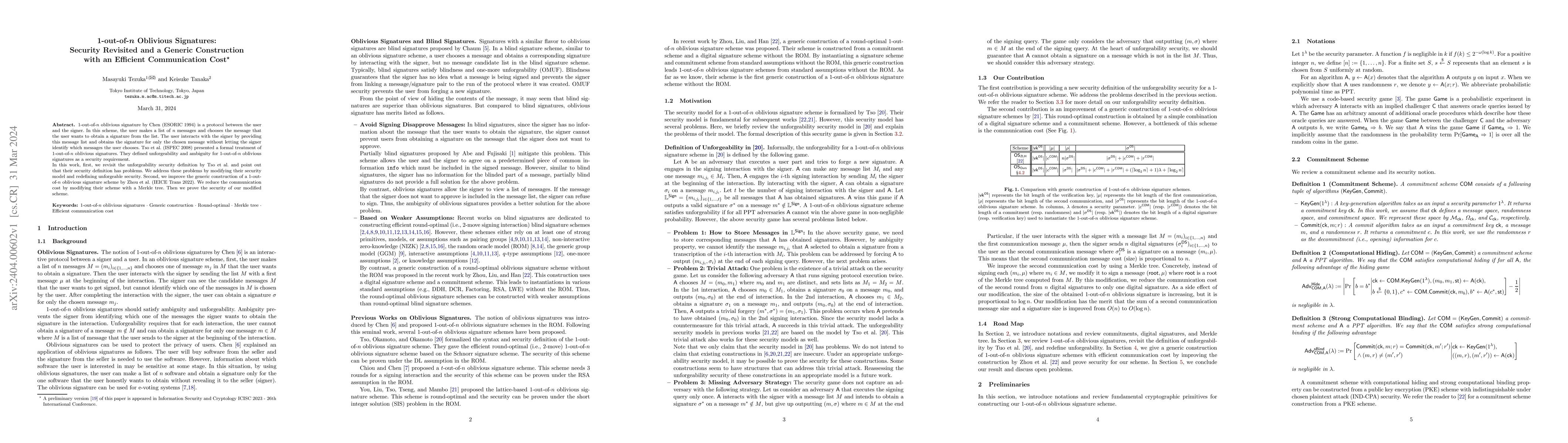 Thumbnail for 1-out-of-n Oblivious Signatures: Security Revisited and a Generic
  Construction with an Efficient Communication Cost