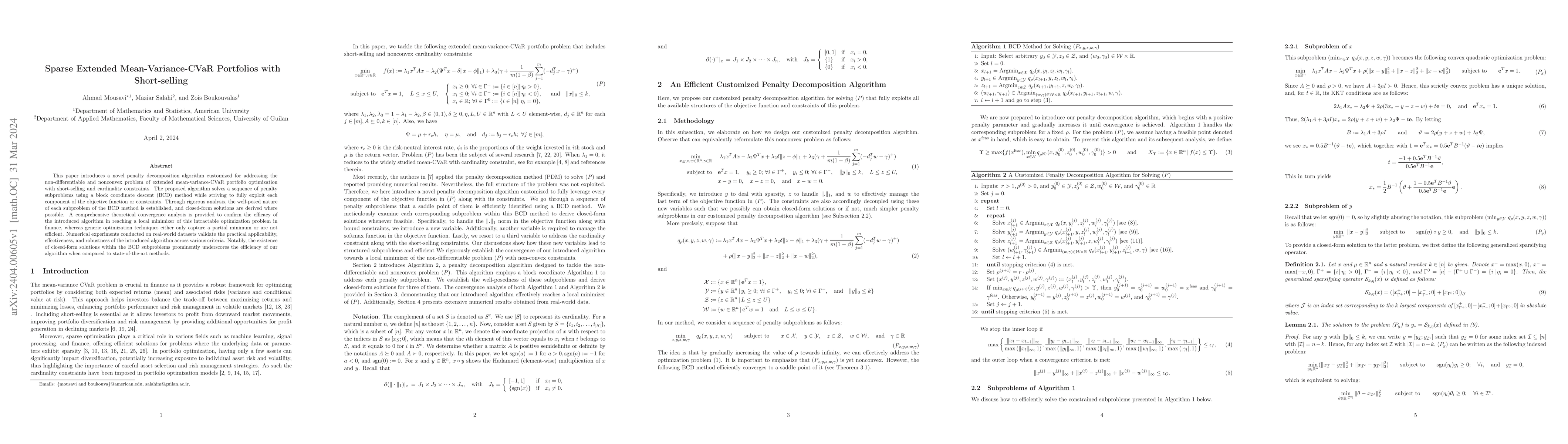 Thumbnail for Sparse Extended Mean-Variance-CVaR Portfolios with Short-selling