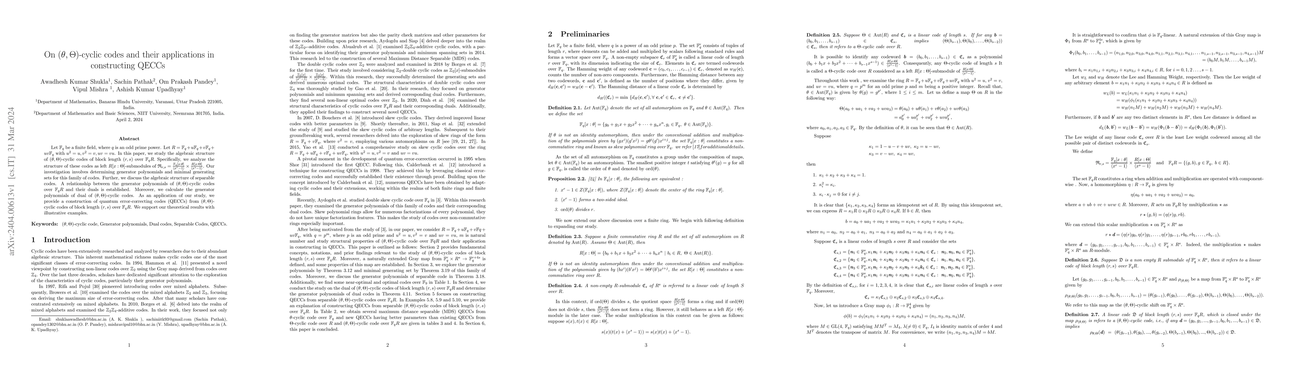 Thumbnail for On $(\theta, \Theta)$-cyclic codes and their applications in
  constructing QECCs