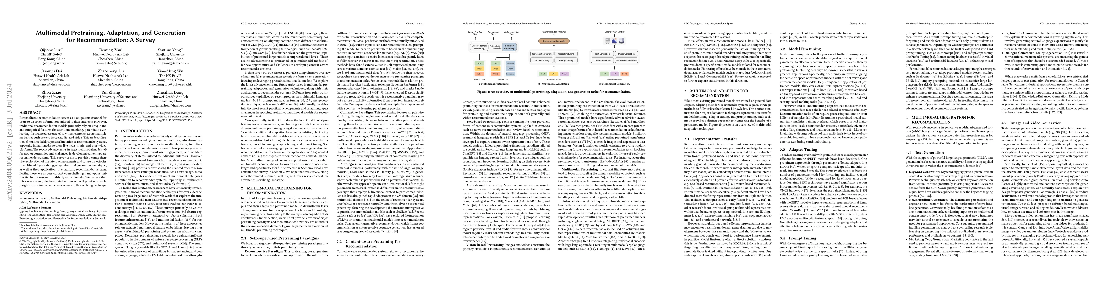 Thumbnail for Multimodal Pretraining, Adaptation, and Generation for Recommendation: A
  Survey