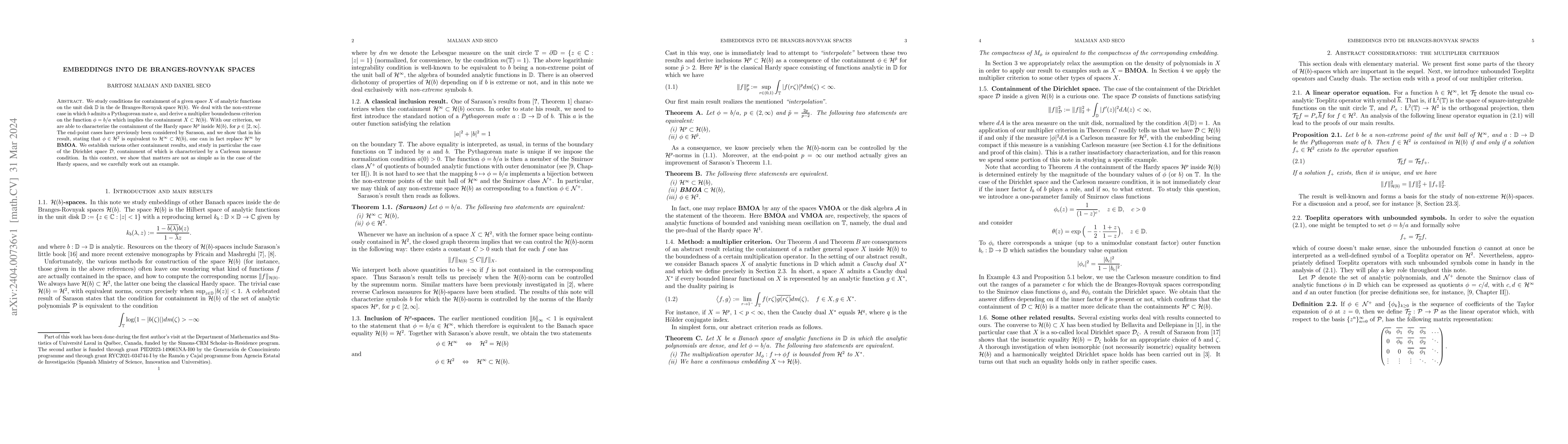 Thumbnail for Embeddings into de Branges-Rovnyak spaces