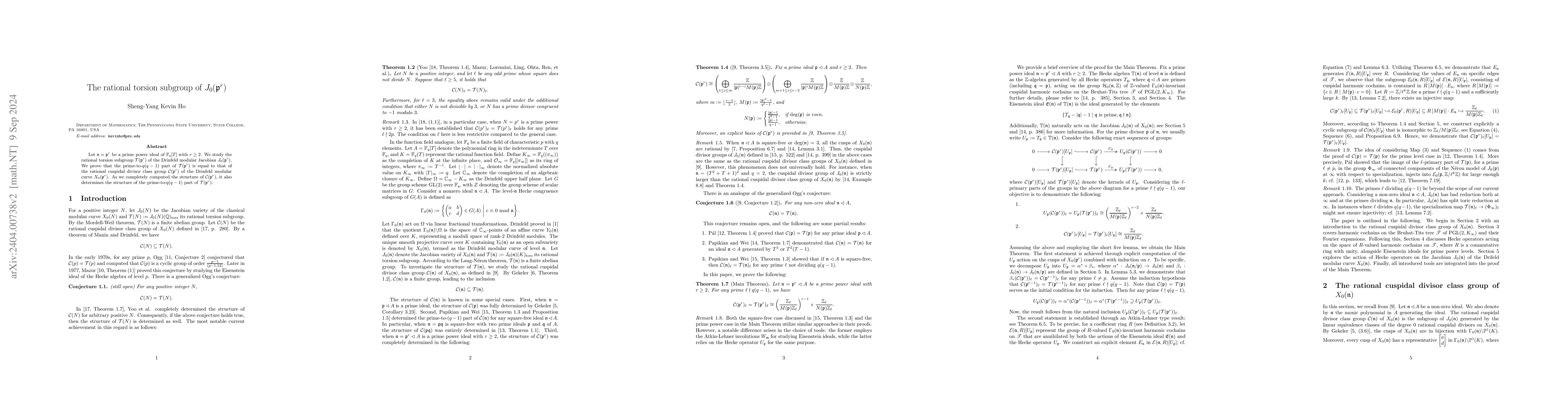 Thumbnail for The Rational Torsion Subgroup of $J_0(\mathfrak{p}^r)$