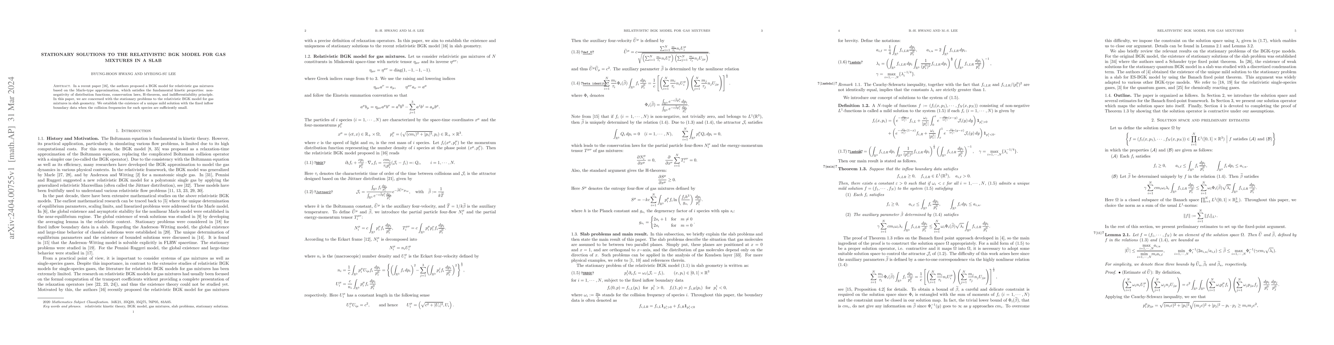 Thumbnail for Stationary solutions to the relativistic BGK model for gas mixtures in a
  slab