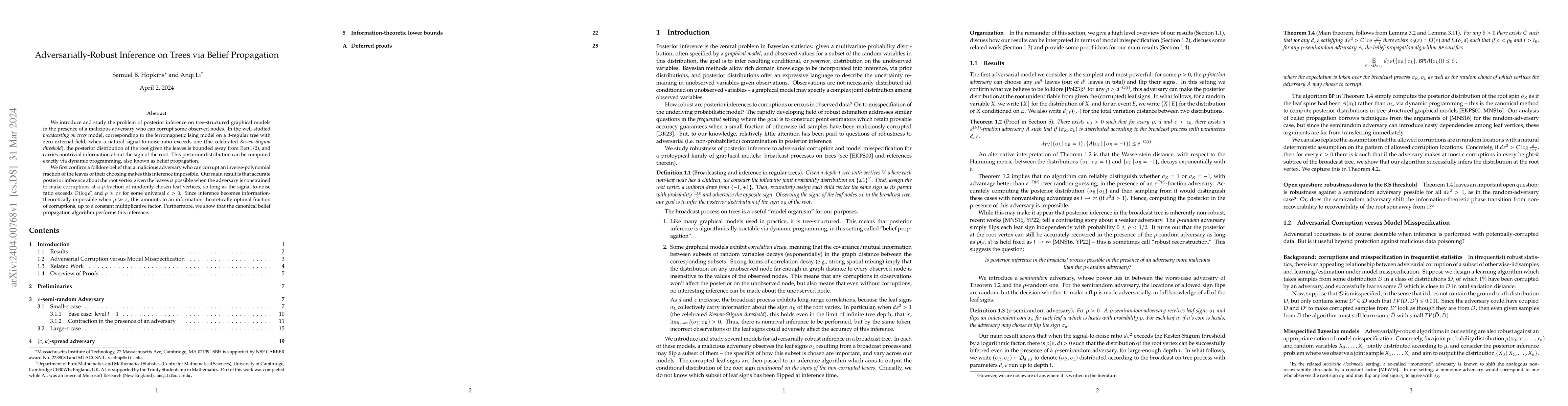Thumbnail for Adversarially-Robust Inference on Trees via Belief Propagation