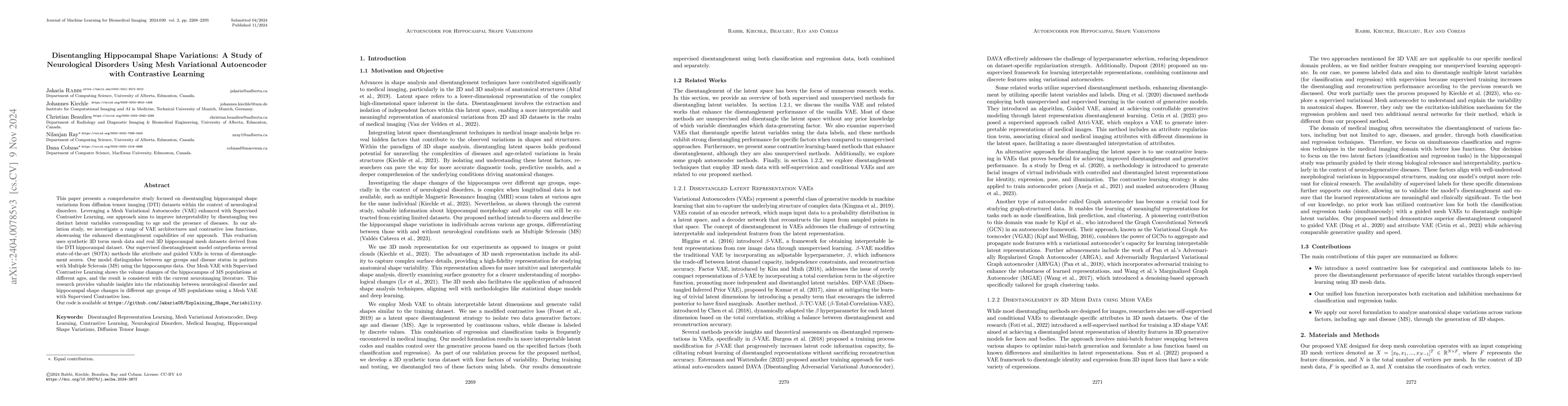 Thumbnail for Disentangling Hippocampal Shape Variations: A Study of Neurological
  Disorders Using Graph Variational Autoencoder with Contrastive Learning