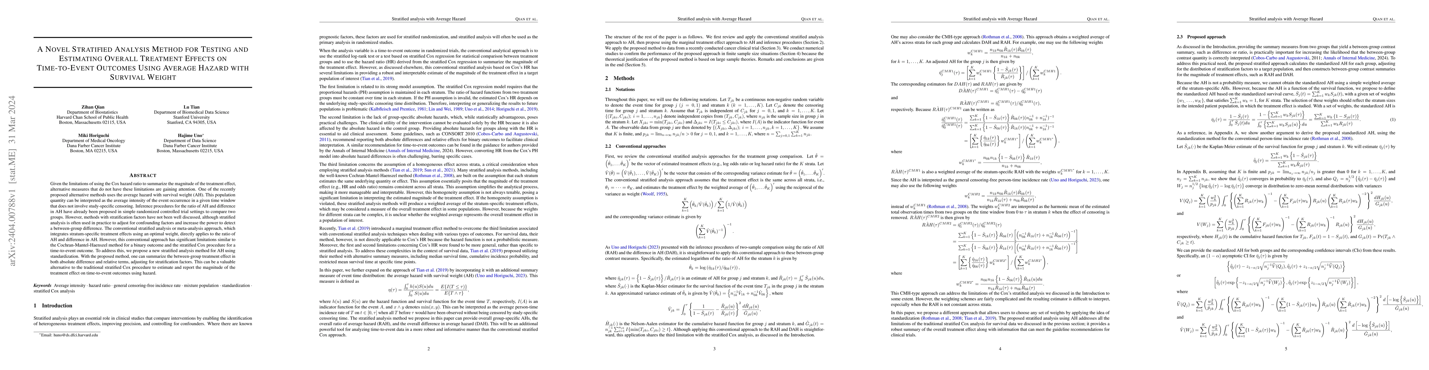 Thumbnail for A Novel Stratified Analysis Method for Testing and Estimating Overall
  Treatment Effects on Time-to-Event Outcomes Using Average Hazard with
  Survival Weight