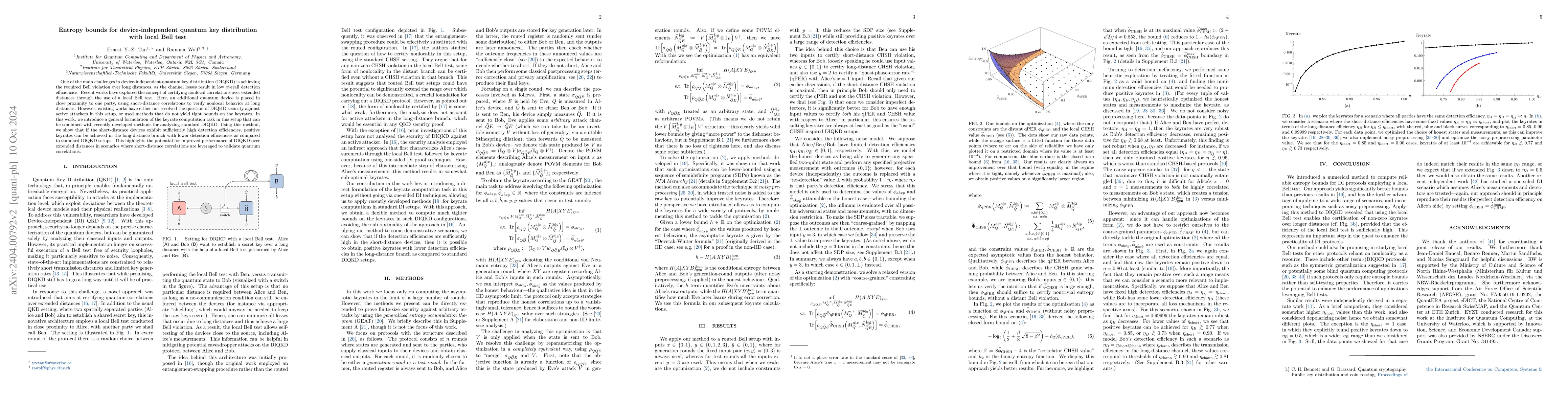 Thumbnail for Entropy bounds for device-independent quantum key distribution with
  local Bell test