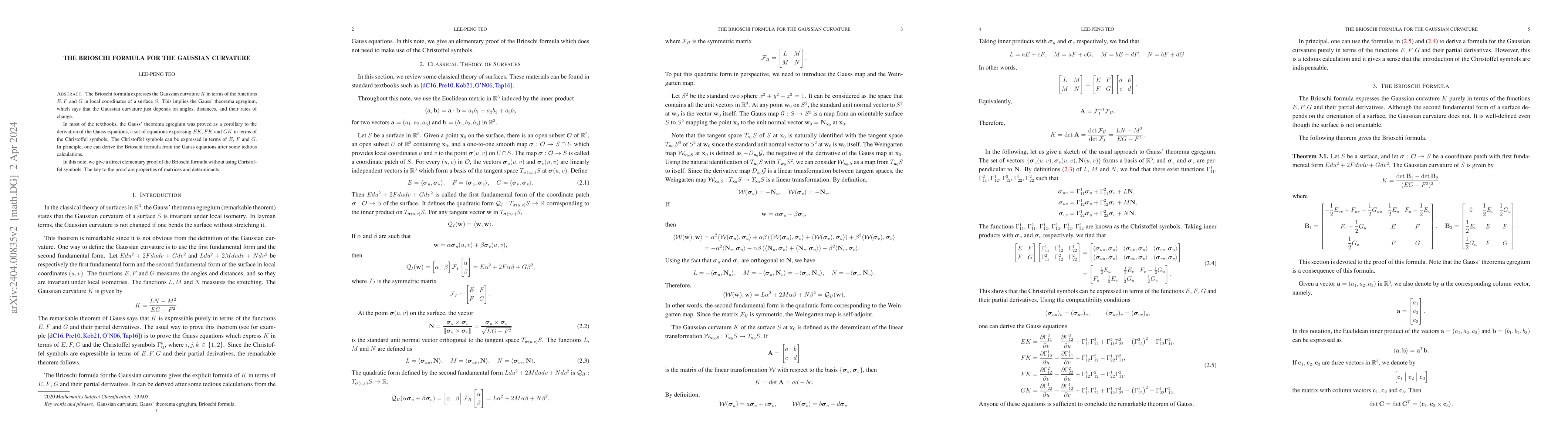 Thumbnail for The Brioschi Formula for the Gaussian Curvature