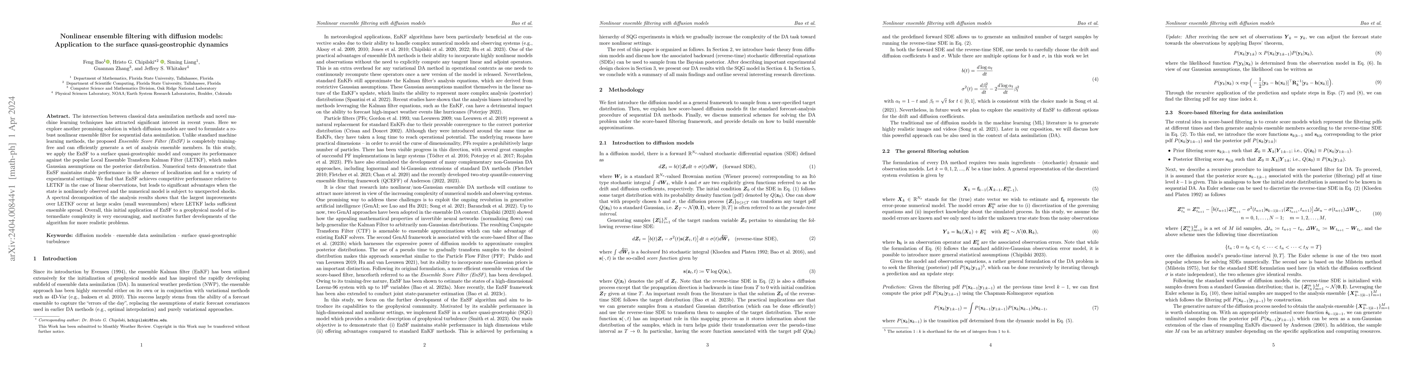 Thumbnail for Nonlinear ensemble filtering with diffusion models: Application to the
  surface quasi-geostrophic dynamics