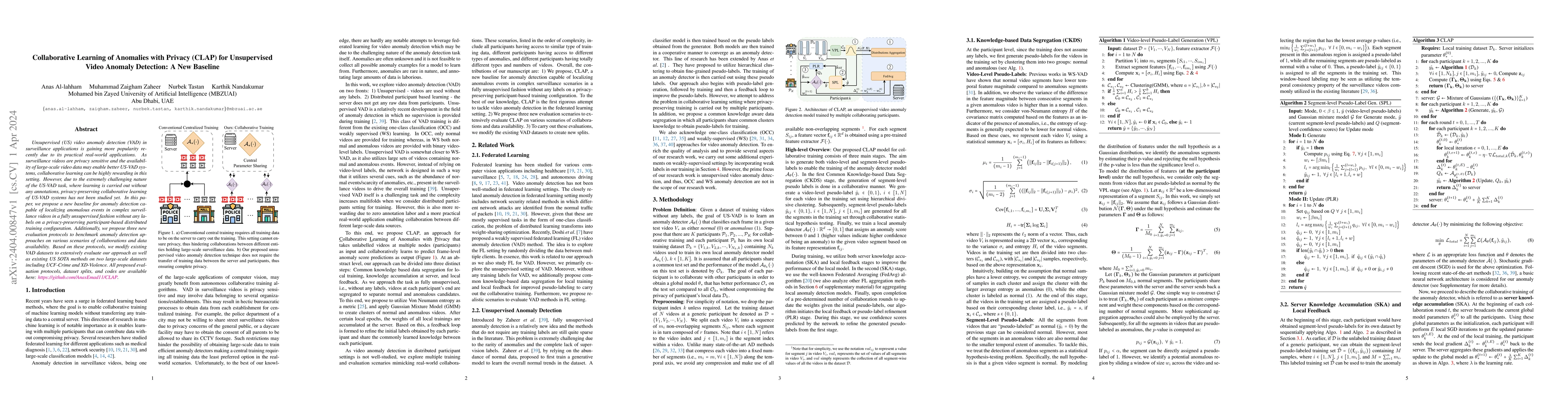 Thumbnail for Collaborative Learning of Anomalies with Privacy (CLAP) for Unsupervised
  Video Anomaly Detection: A New Baseline