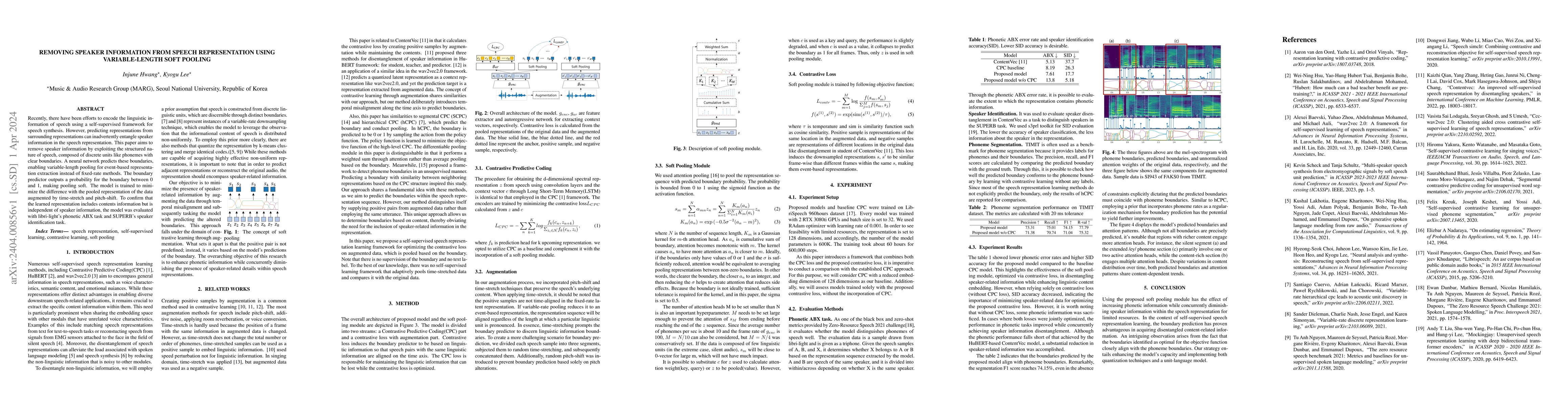 Thumbnail for Removing Speaker Information from Speech Representation using
  Variable-Length Soft Pooling