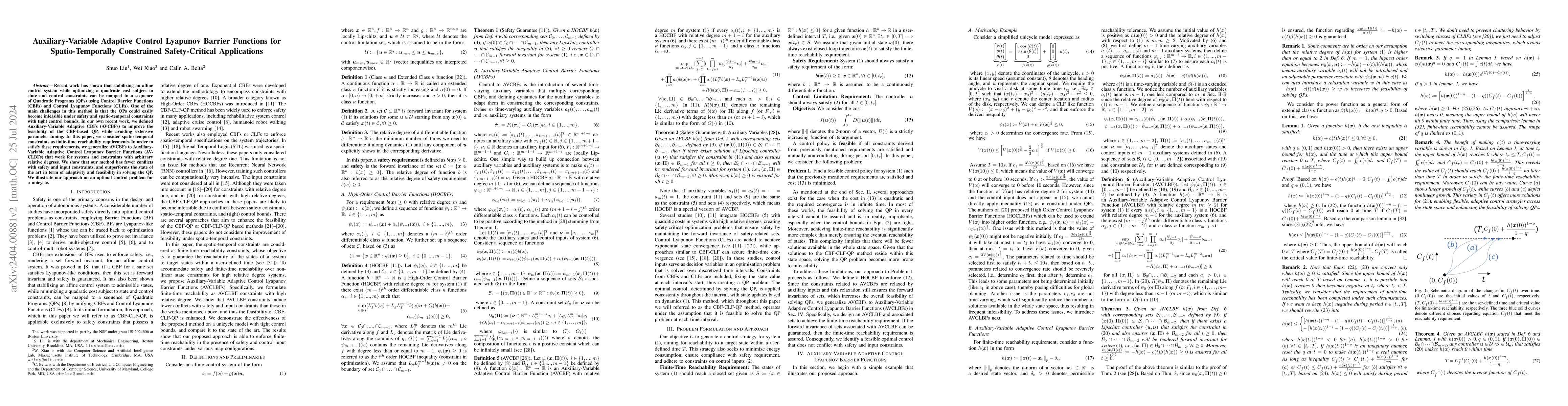 Thumbnail for Auxiliary-Variable Adaptive Control Lyapunov Barrier Functions for
  Spatio-Temporally Constrained Safety-Critical Applications