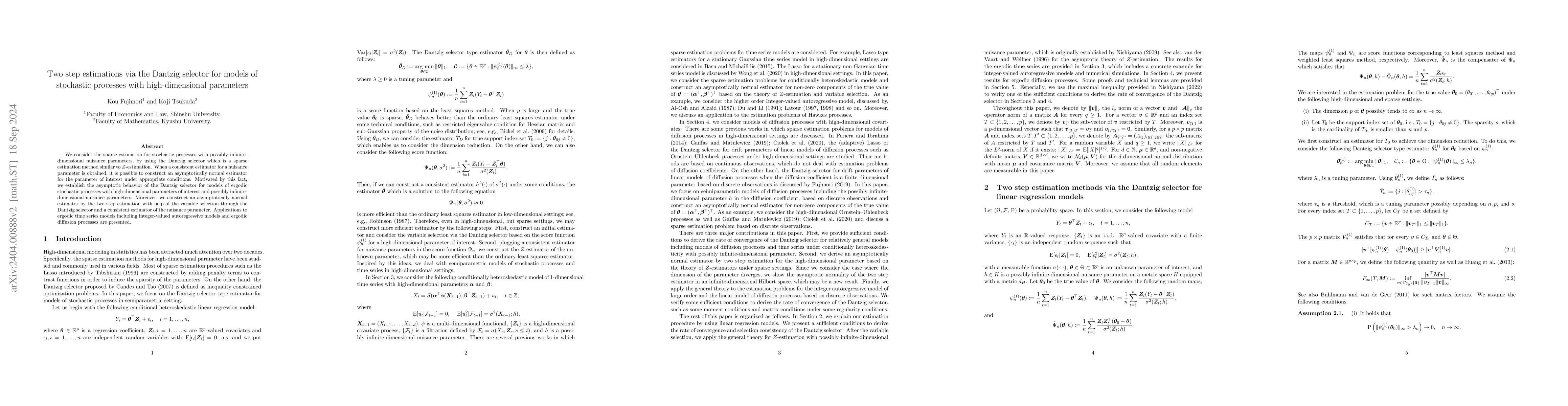 Thumbnail for Two step estimations via the Dantzig selector for models of stochastic
  processes with high-dimensional parameters