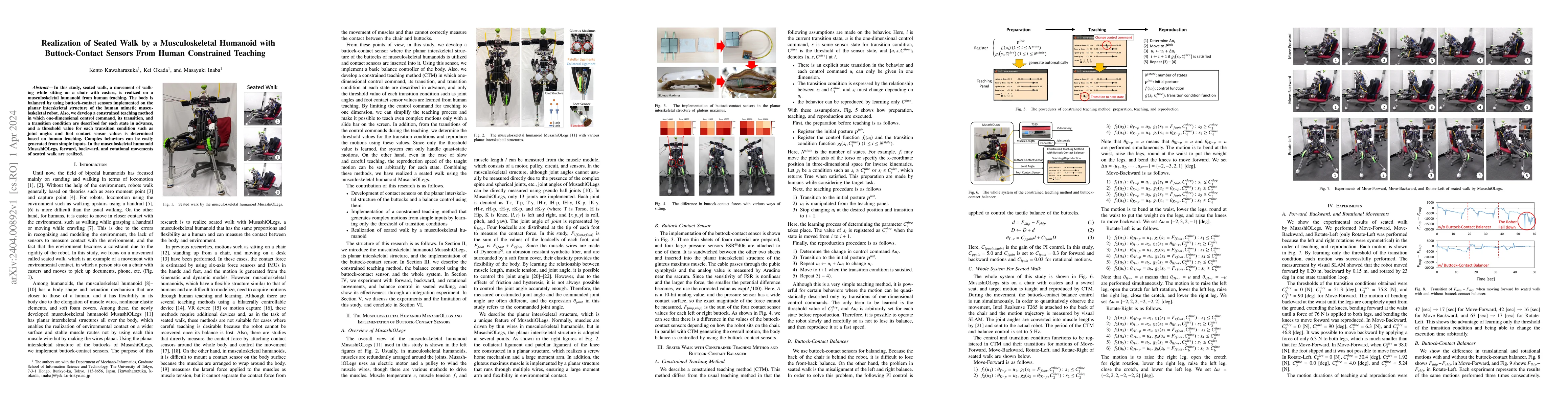 Thumbnail for Realization of Seated Walk by a Musculoskeletal Humanoid with
  Buttock-Contact Sensors From Human Constrained Teaching