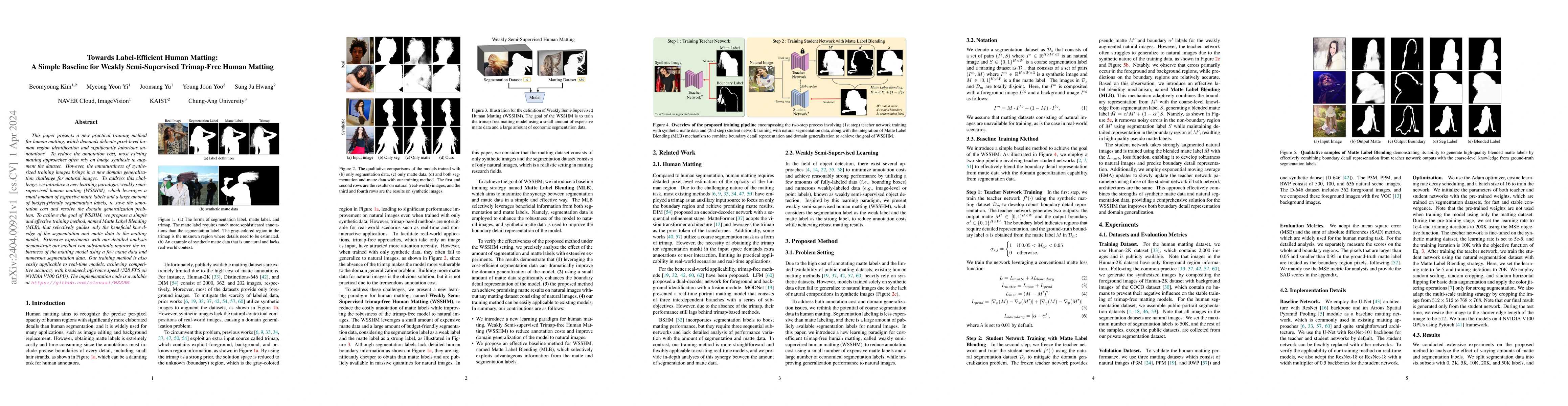 Thumbnail for Towards Label-Efficient Human Matting: A Simple Baseline for Weakly
  Semi-Supervised Trimap-Free Human Matting