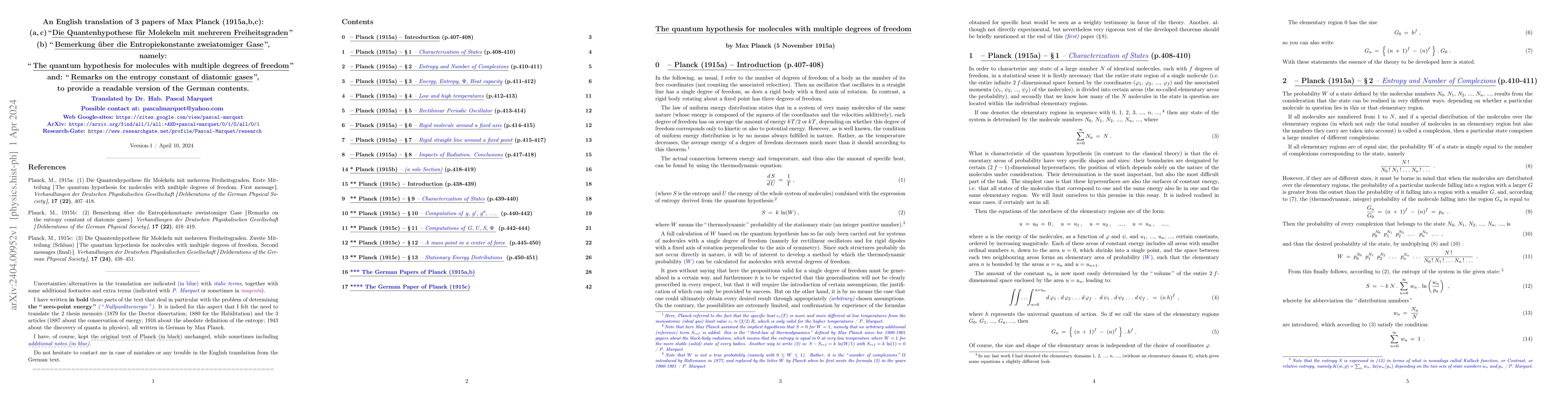 Thumbnail for The quantum hypothesis for molecules with multiple degrees of freedom;
  Remarks on the entropy constant of diatomic gases