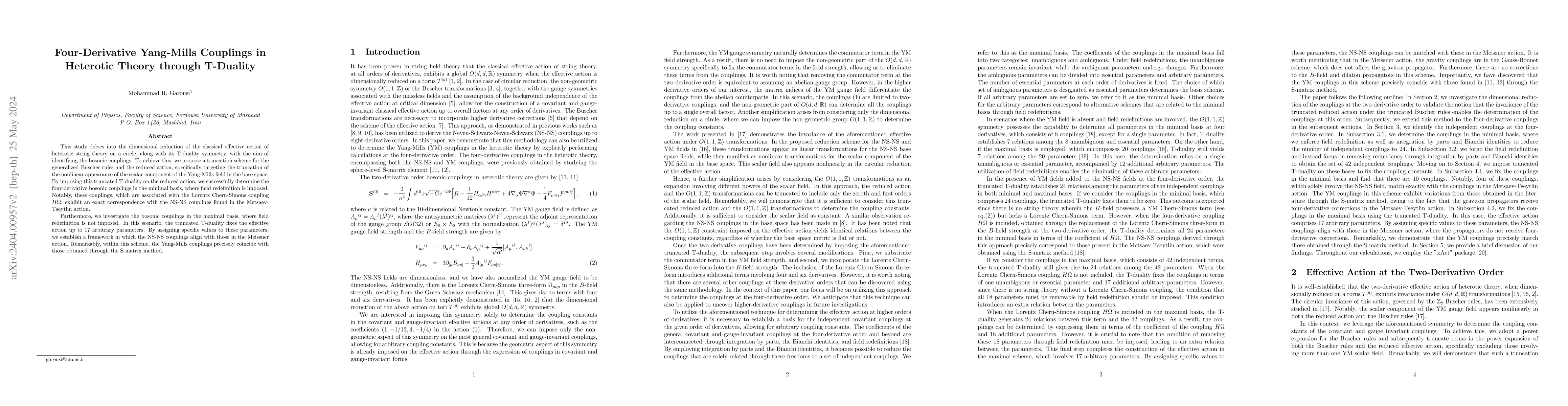 Thumbnail for Four-Derivative Yang-Mills Couplings in Heterotic Theory through
  T-Duality