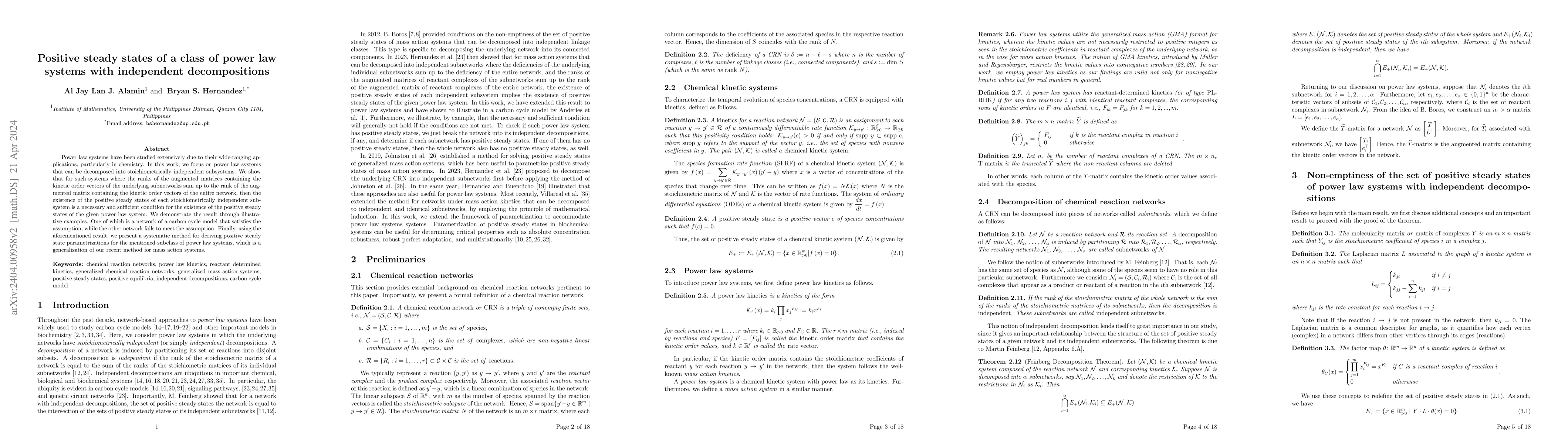 Thumbnail for Positive steady states of a class of power law systems with independent
  decompositions