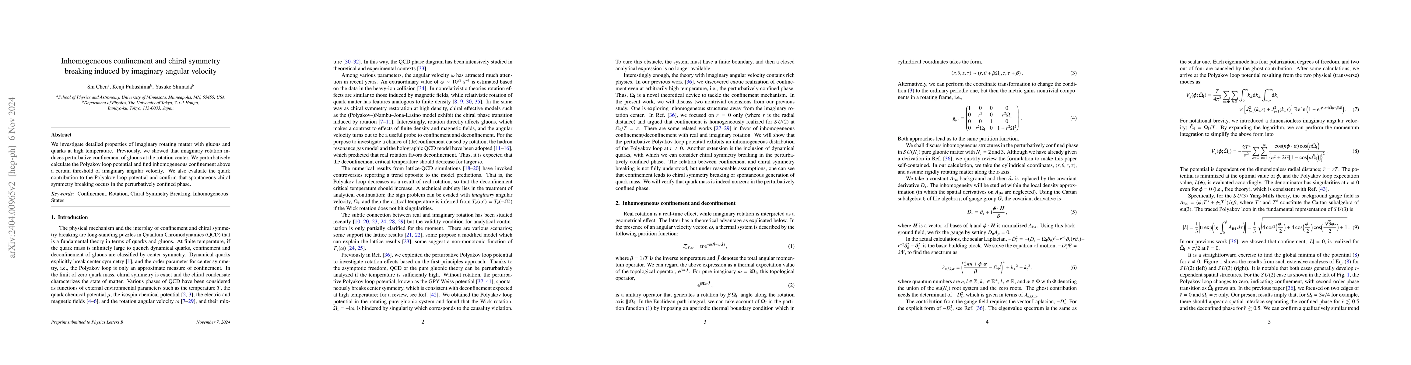 Thumbnail for Inhomogeneous confinement and chiral symmetry breaking induced by
  imaginary angular velocity