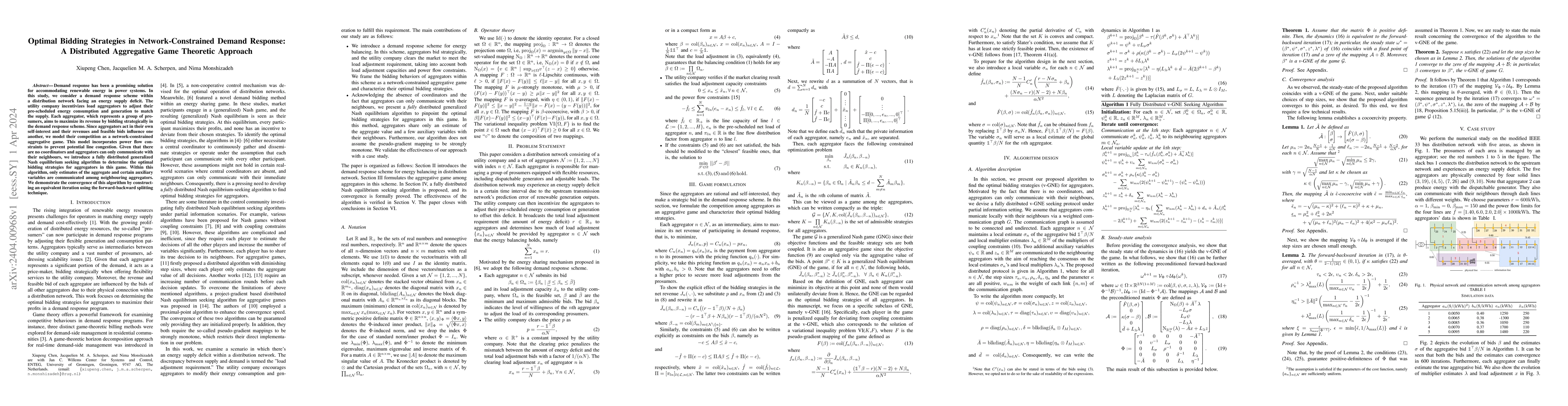 Thumbnail for Optimal Bidding Strategies in Network-Constrained Demand Response: A
  Distributed Aggregative Game Theoretic Approach