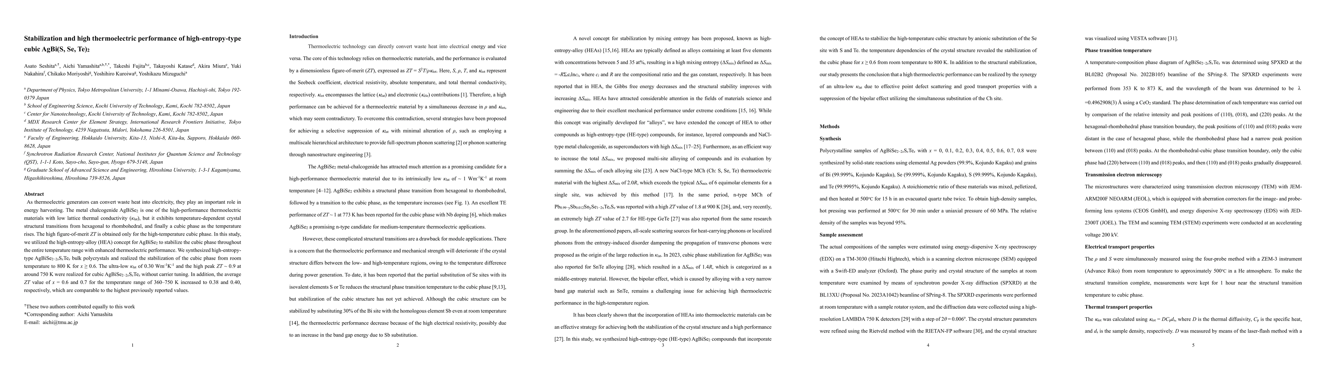 Thumbnail for Stabilization and high thermoelectric performance of high-entropy-type
  cubic AgBi(S, Se, Te)2