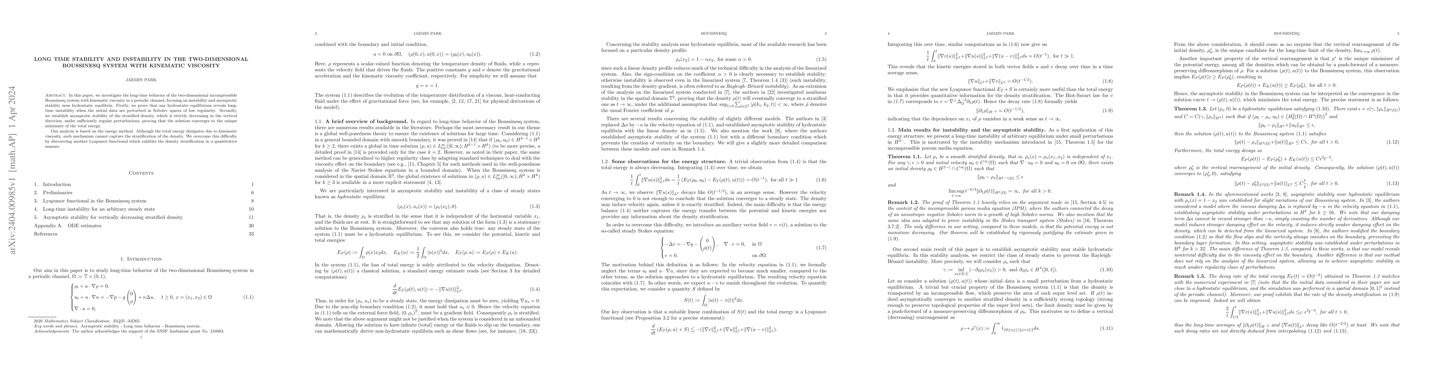 Thumbnail for Long time stability and instability in the two-dimensional Boussinesq
  system with kinematic viscosity