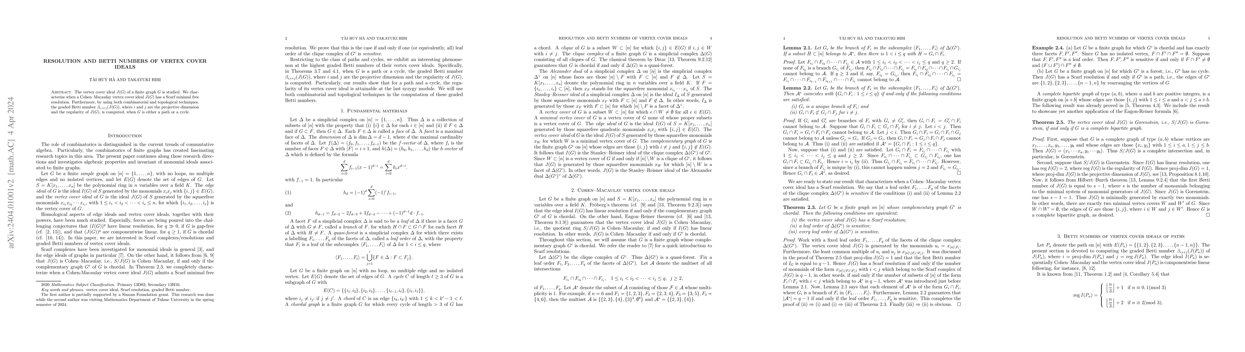 Thumbnail for Resolution and Betti numbers of Vertex cover ideals