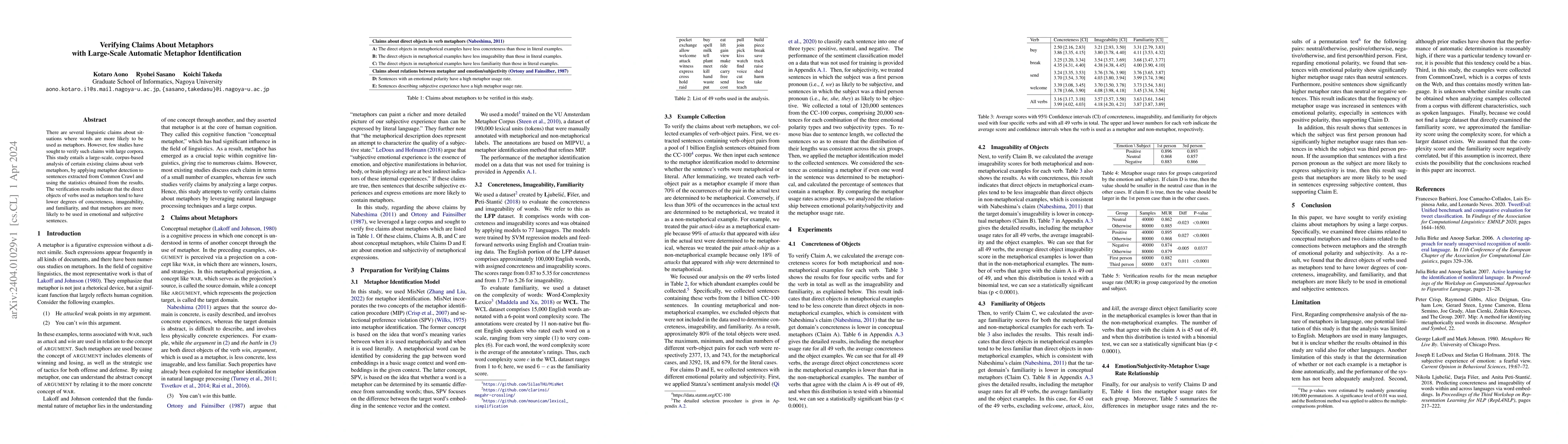 Thumbnail for Verifying Claims About Metaphors with Large-Scale Automatic Metaphor
  Identification